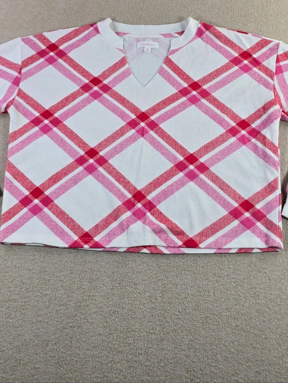 Colsie Womens XS Pink Plaid Pullover Sweatshirt V Neck Long Sleeve NWT - Picture 1 of 7
